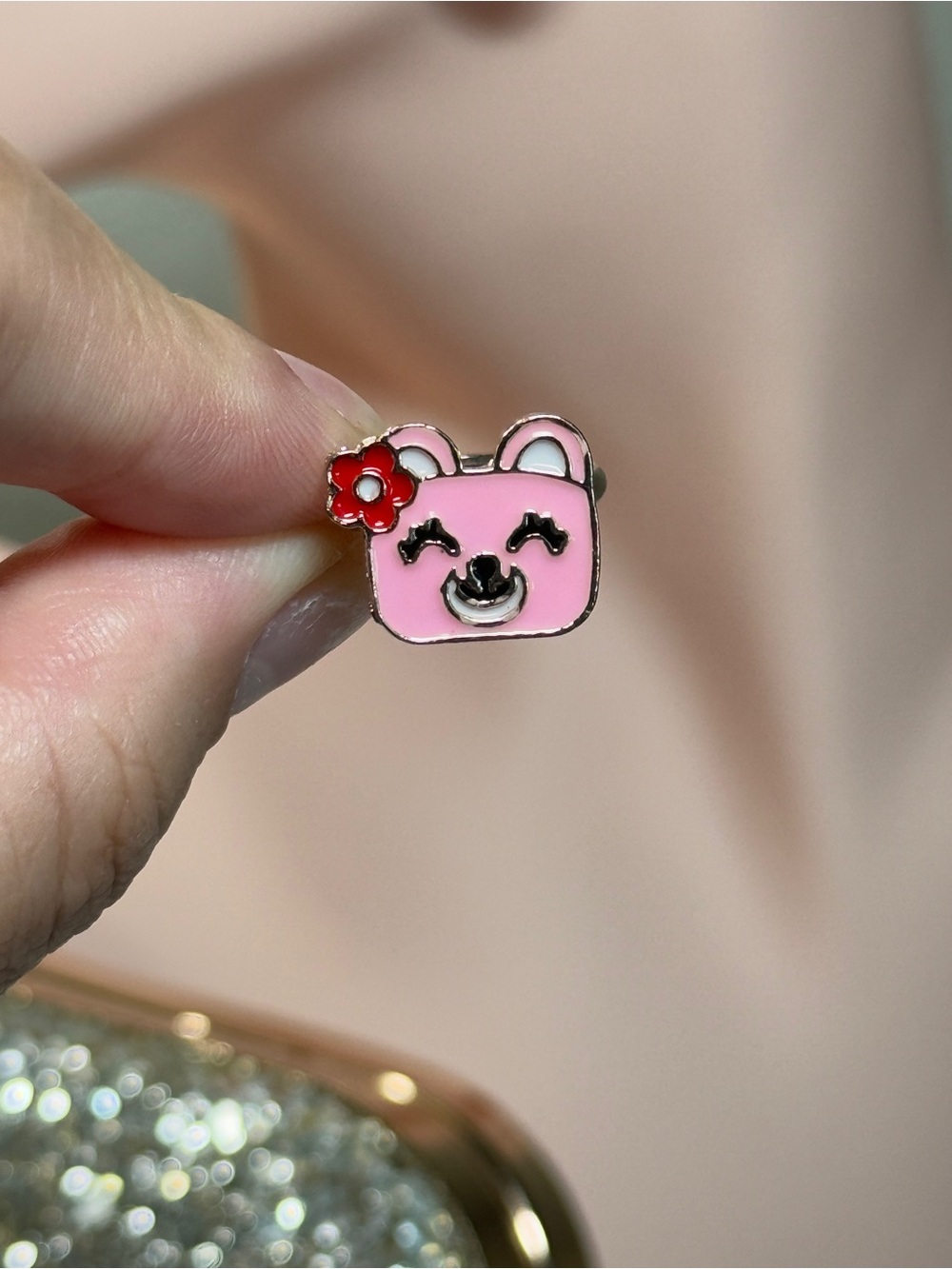 Pink Bear Flower Face Enamel Ring